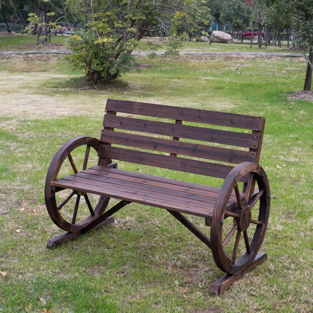 2-Person Wooden Wagon Wheel Bench – Rustic Outdoor Patio Furniture