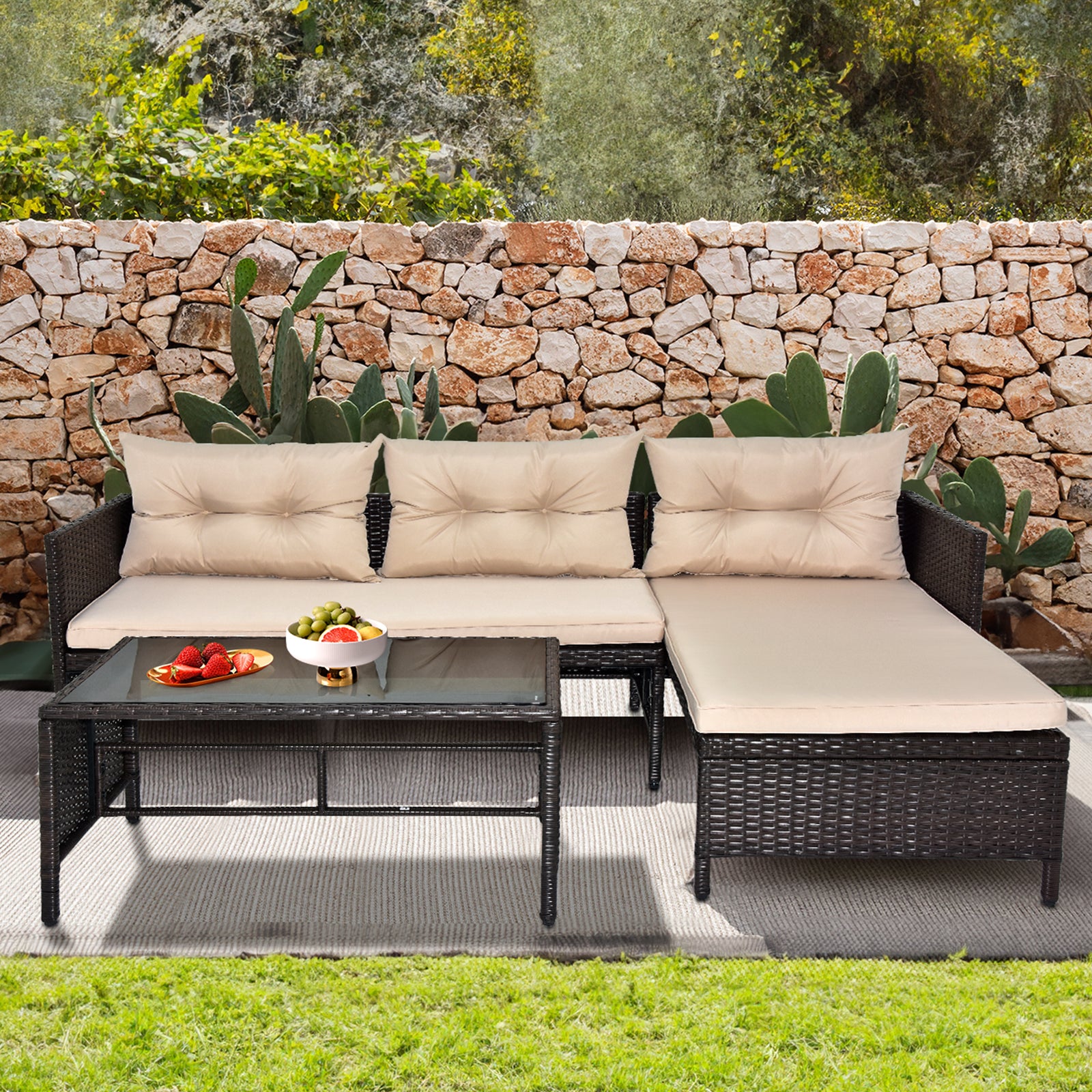 3-Piece Outdoor Rattan Furniture Set – Patio Wicker Sofa with Khaki Cushions