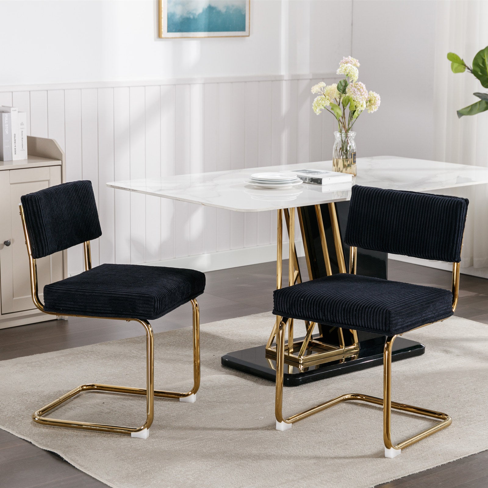 Set of 2 Modern Dining Chairs – Corduroy Fabric, Gold Metal Base