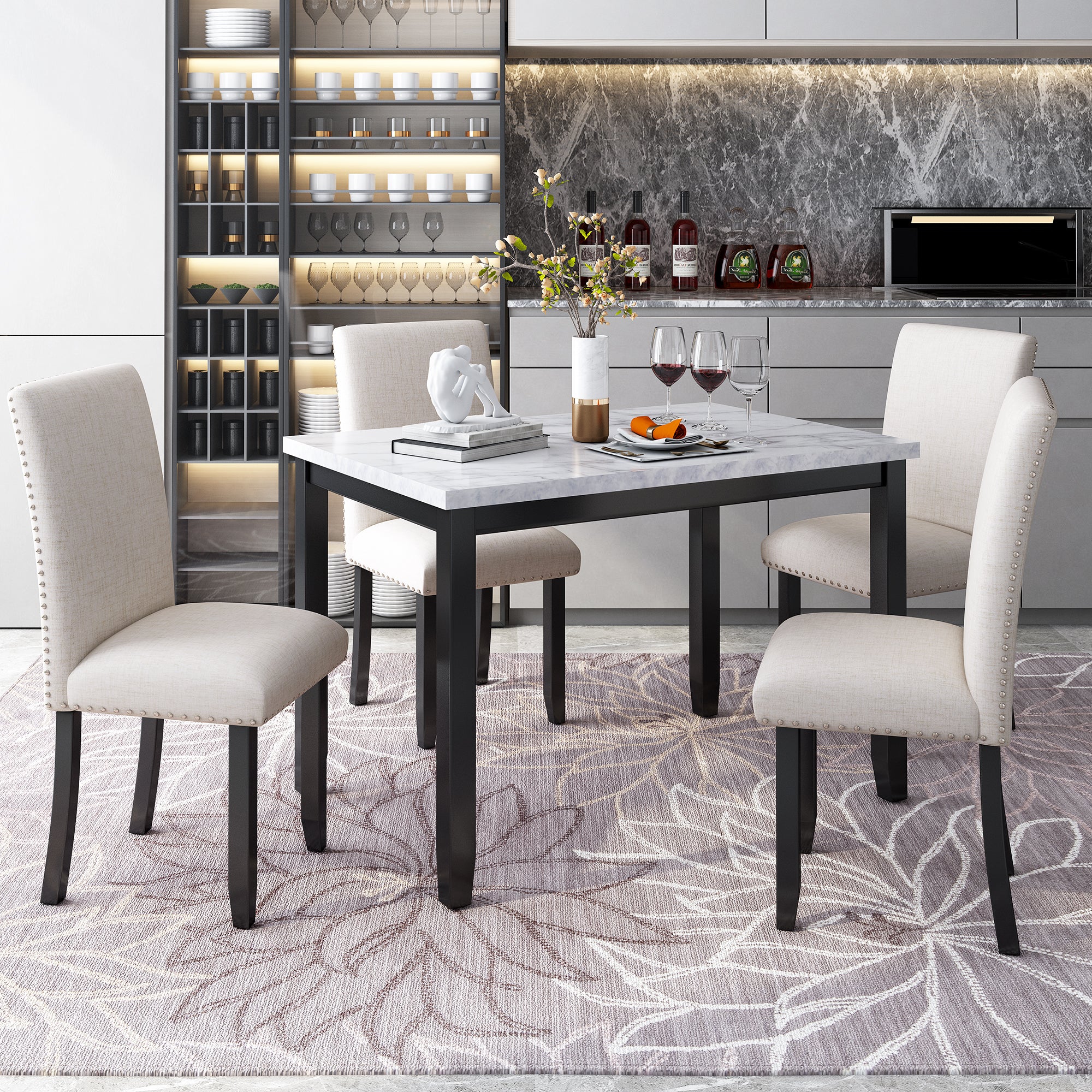 Modern 5-Piece Dining Set – Faux Marble Table and 4 Chairs