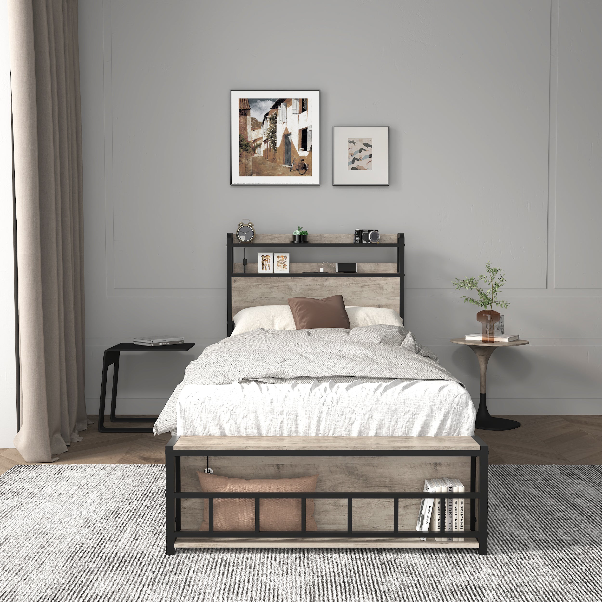 Twin Bed Frame with Headboard, LED Light & Charging Station