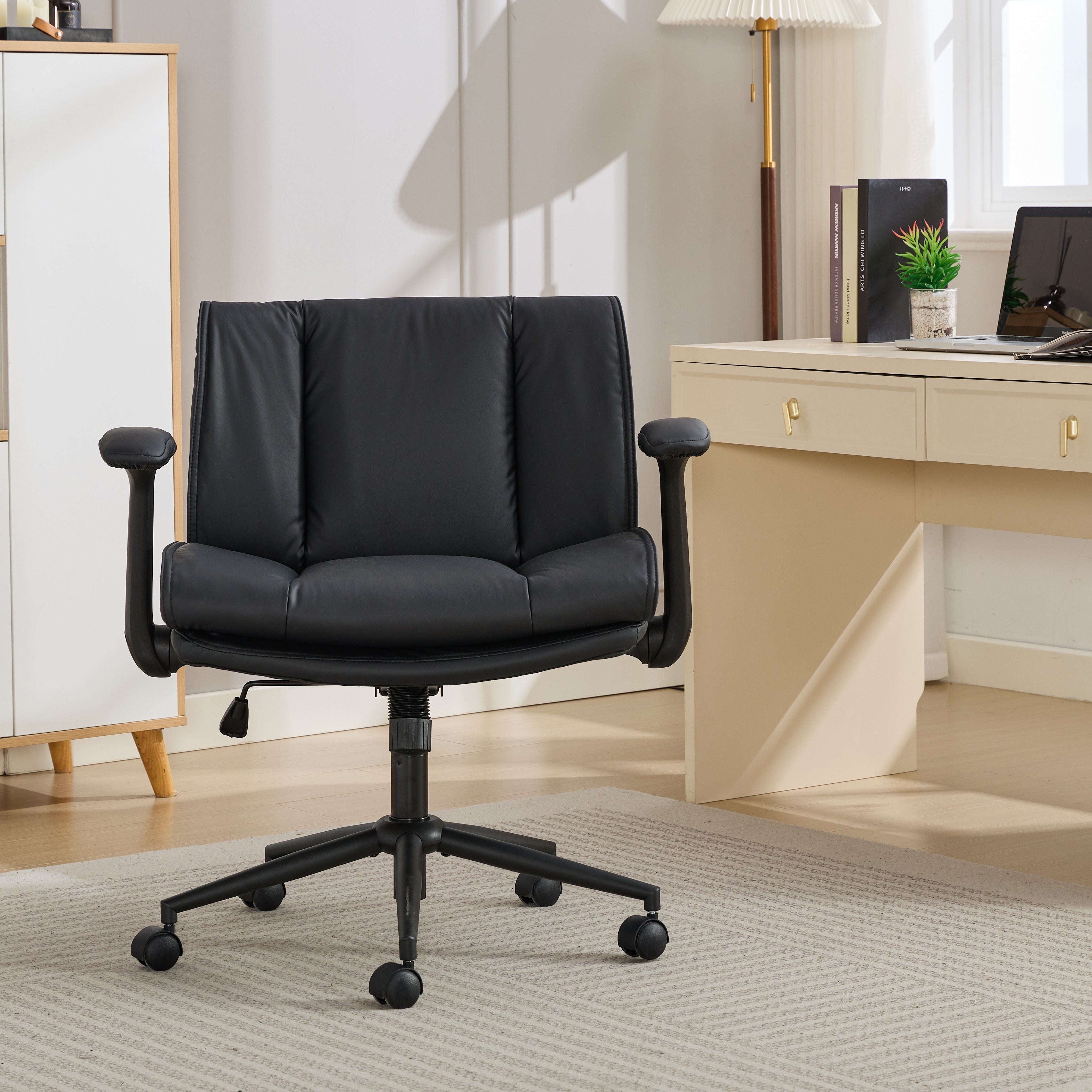 Cross-Legged Office Chair – Wide Seat Swivel Chair with Flip-Up Arms